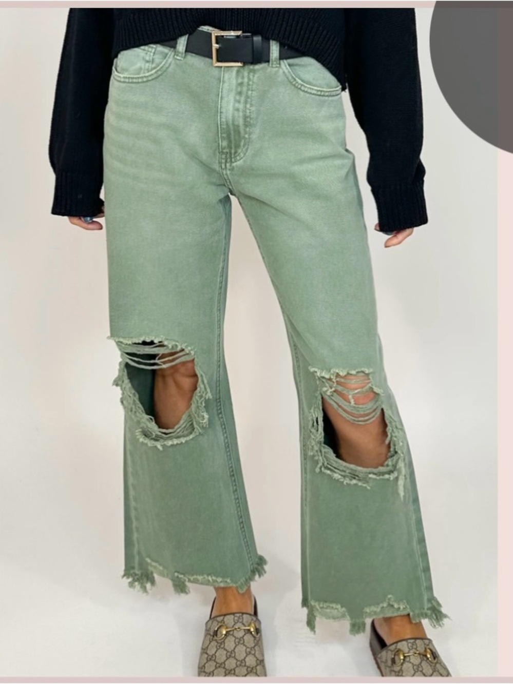 High-Rise Sage Green Distressed Wide-Leg Jeans